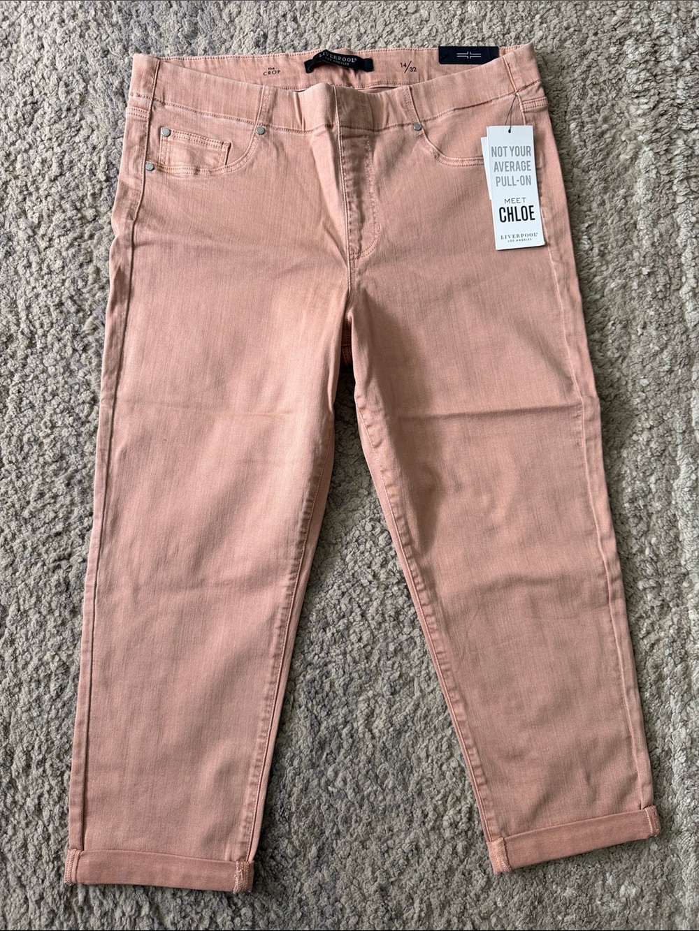 NWT Liverpool Chloe Cropped Pull-On Jeans — Peach, Size 14